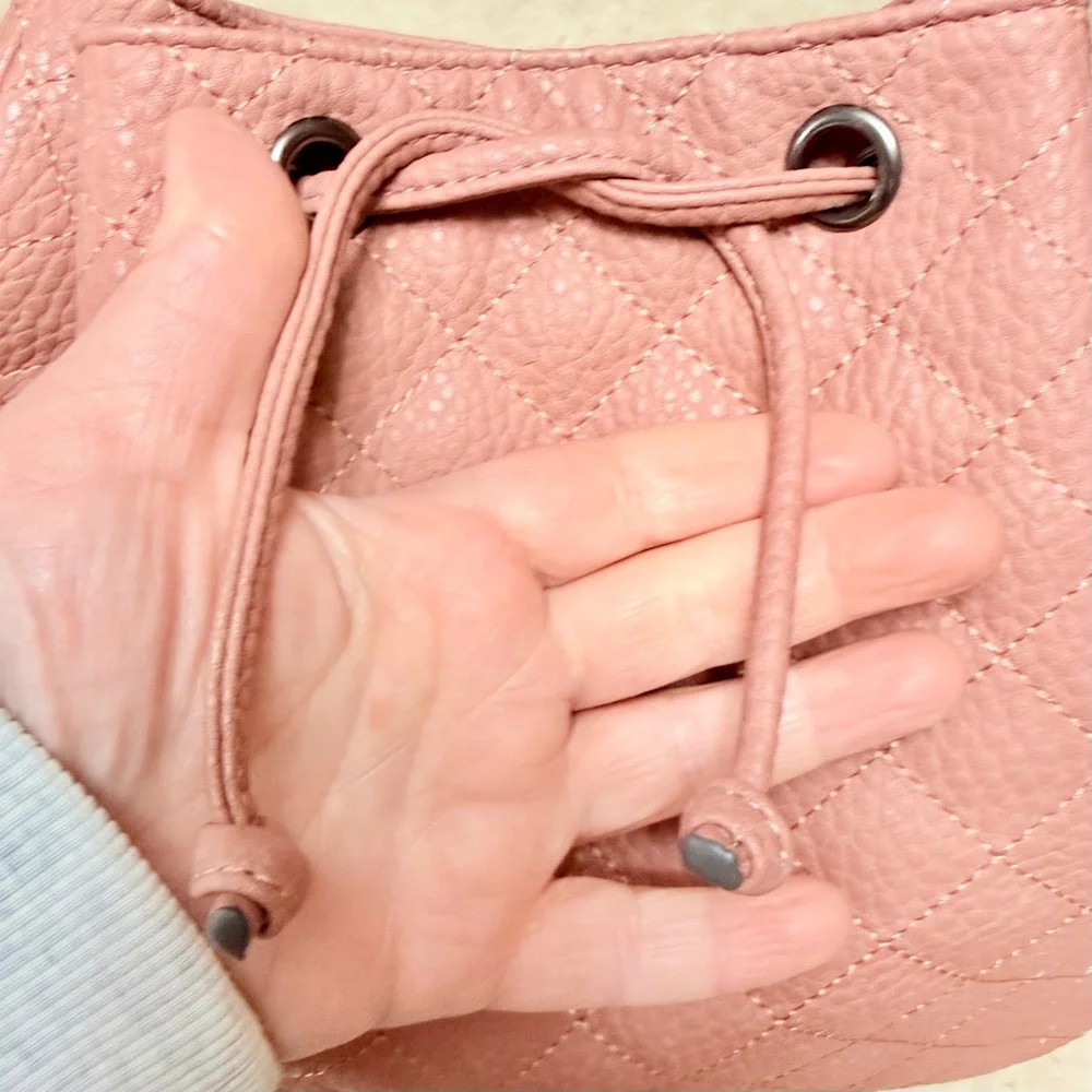 Daryll Quilted Faux leather drawstring bucket backpack purse blush|nude JustFab